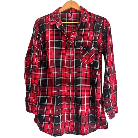 La Senza Red black Flannel Cotton night shirt night gown front button Pyjamas M - Picture 1 of 6